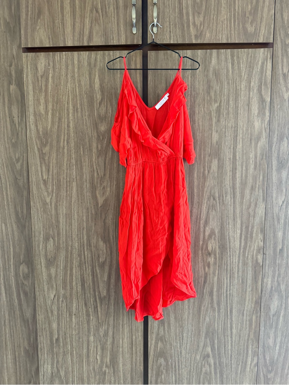 ASTR The Label Silk Red Cold Shoulder Midi Dress With Plunge Neckline
